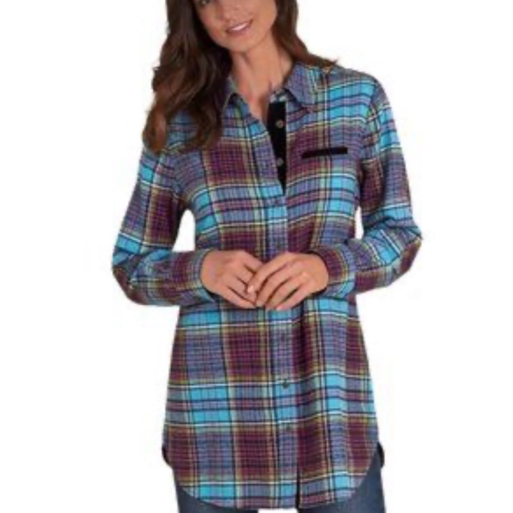 SOFT SURROUNDINGS PLAID BUTTON DOWN  SHIRT, LARGE